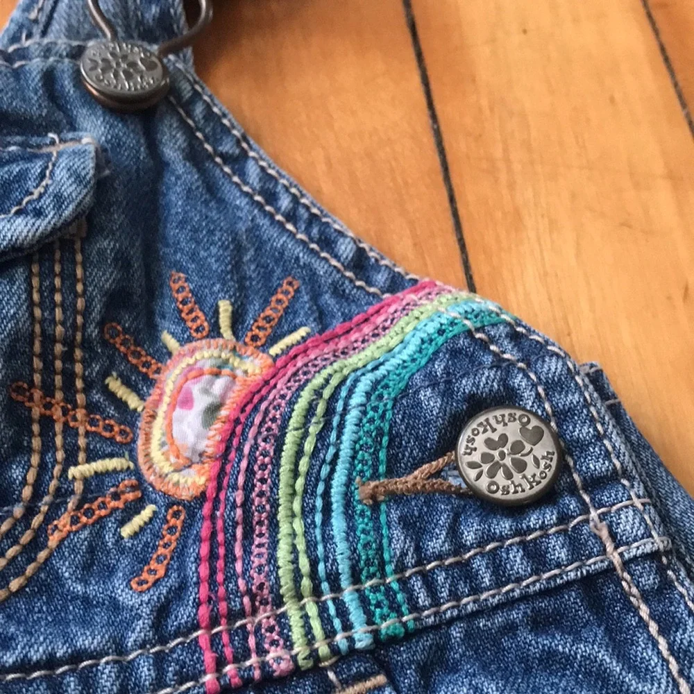 OshKosh B'gosh Blue Denim Pinafore Dress with Rainbow & Butterfly Embroidery